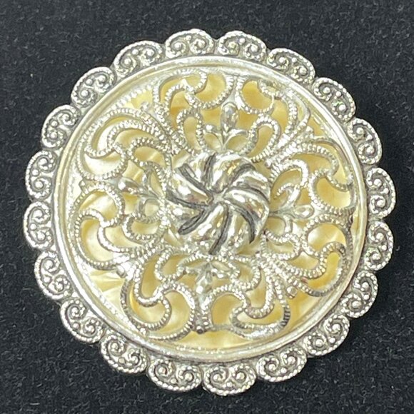 West Germany Filigree Scarf Collar Clip Ring Silver Tone Mother of Pearl Vintage - Picture 1 of 8
